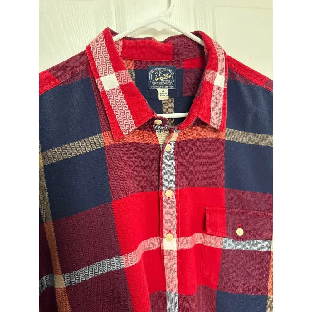 J.CREW New York Mens Red Flannel Plaid Shirt Long Sleeve Half Button XL